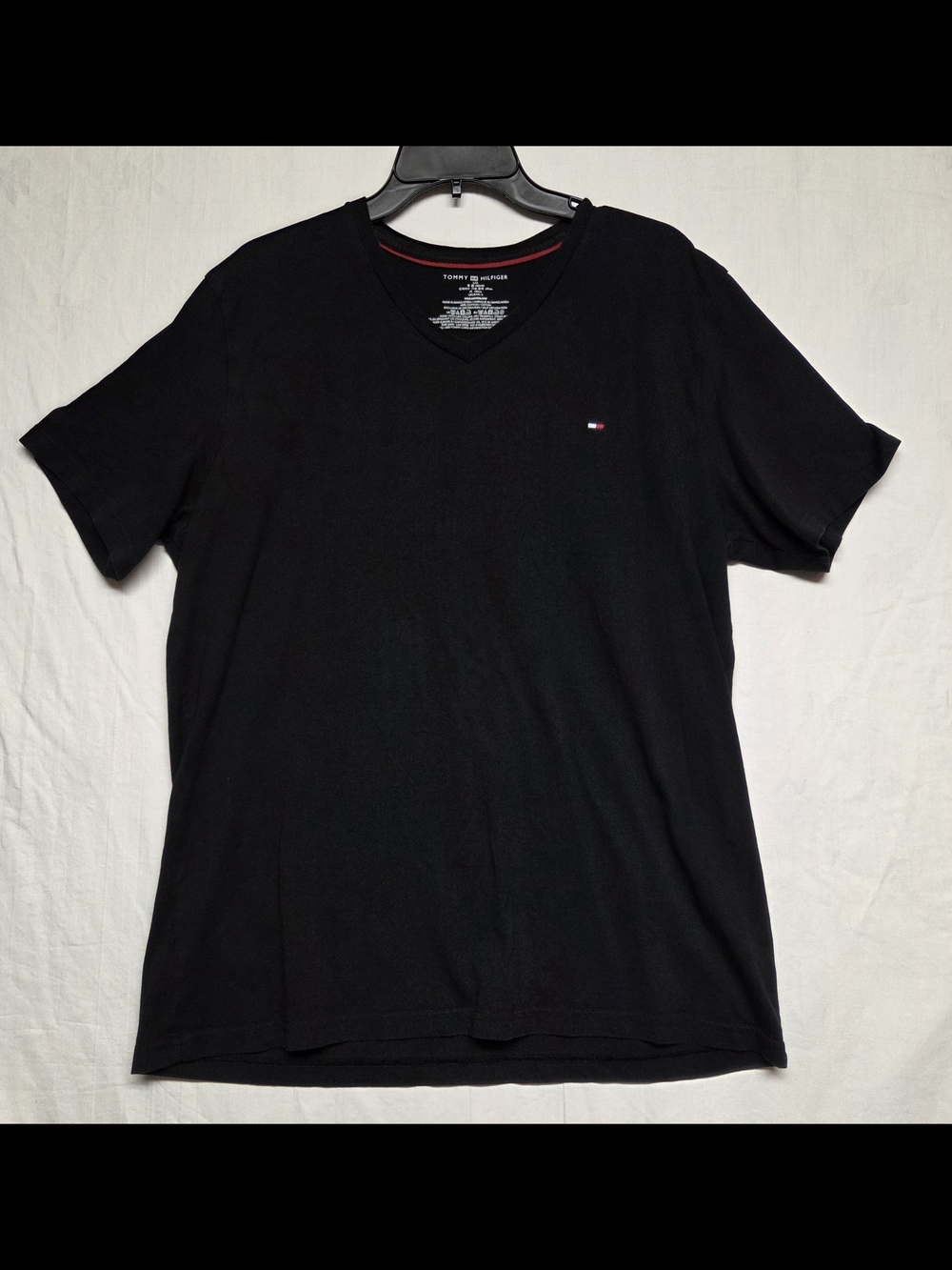 Tommy Hilfiger Black V-Neck Short Sleeve Tee with Flag Logo